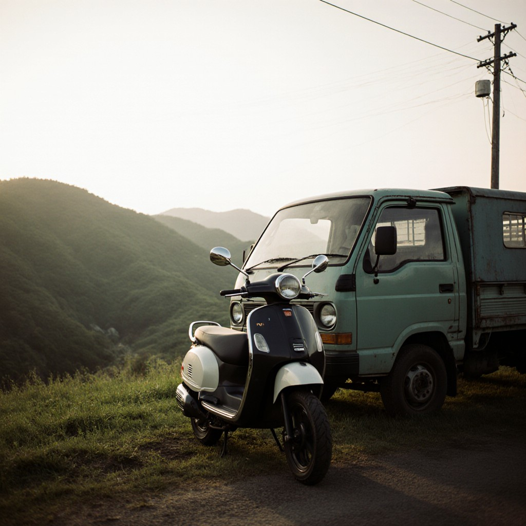 電動バイクと古い軽トラック:モビリティの過去と未来が交差する場所 電動バイクと古い軽トラック:モビリティの過去と未来が交差する場所